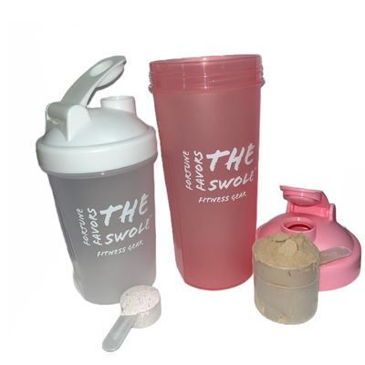Fortune Favors The Swole Shaker Bottle [2 pack] for Protein Shakes, pre-workout, and post-workout. One 24-ounce/one 14-ounce. Assorted colors. (Pink/Clear)