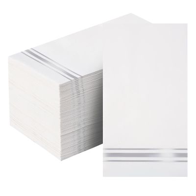 100 Silver Trim Lined Paper Napkins Elegant Dinner Napkins, 3 Ply Guest Napkins Disposable Hand Towels for Kitchen Bathroom Wedding Anniversary Birthday Party Christmas Napkins(White and Silver)