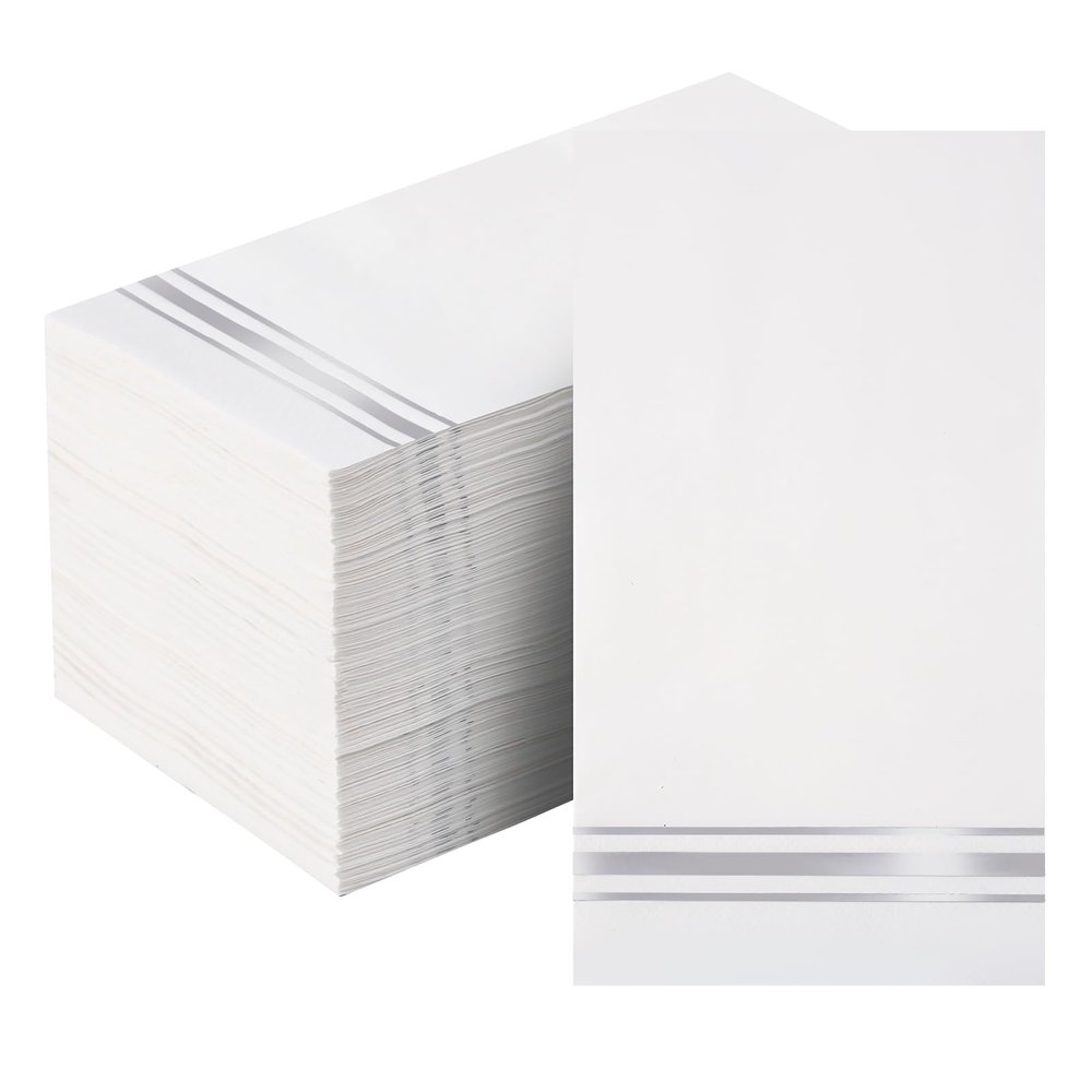 100 Silver Trim Lined Paper Napkins Elegant Dinner Napkins, 3 Ply Guest Napkins Disposable Hand Towels for Kitchen Bathroom Wedding Anniversary Birthday Party Christmas Napkins(White and Silver)