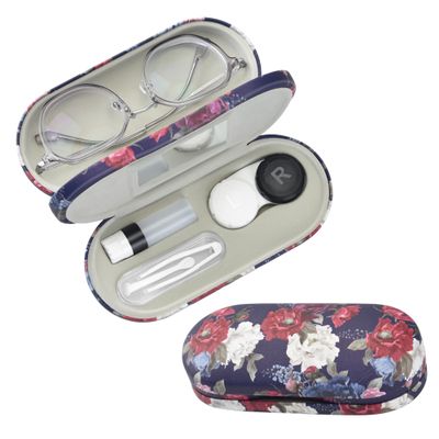 Zettokete 2 in 1 Contact Lens and Glasses Case,Double Sided Dual Use Design with Mirror, Tweezer and Contact Lens Solution Bottle,Portable Soak Storage Kit for Travel,Office(Evening Blue & Peony)