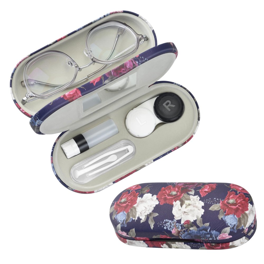 Zettokete 2 in 1 Contact Lens and Glasses Case,Double Sided Dual Use Design with Mirror, Tweezer and Contact Lens Solution Bottle,Portable Soak Storage Kit for Travel,Office(Evening Blue & Peony)