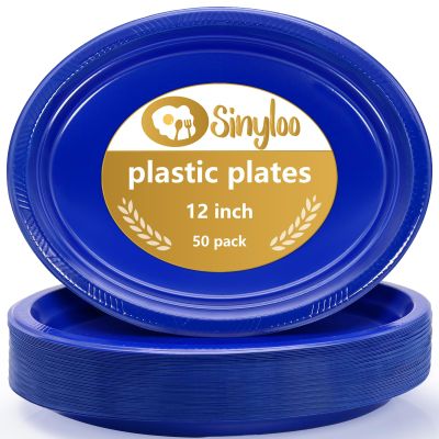 SINYLOO Blue Plastic Plates Disposable 12" x 10" - Party Plates for Supplies and Decorations, Baby Shower, Wedding, Picnic, Dessert, Salad - 50 Count Dinner Plates