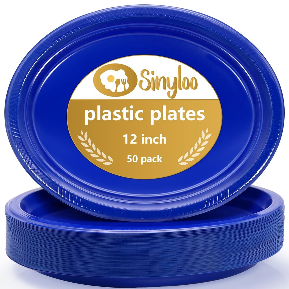 SINYLOO Blue Plastic Plates Disposable 12" x 10" - Party Plates for Supplies and Decorations, Baby Shower, Wedding, Picnic, Dessert, Salad - 50 Count Dinner Plates