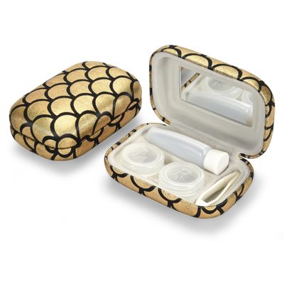 Muf Fish Scale Contact Lens Case,Portable Contact Lens Travel Kit with Mirror,Container,Tweezer,Contact Lens Solution Bottle,Compact Soak Storage Kit for Travel Outdoors Daily Use,Golden Sparkles