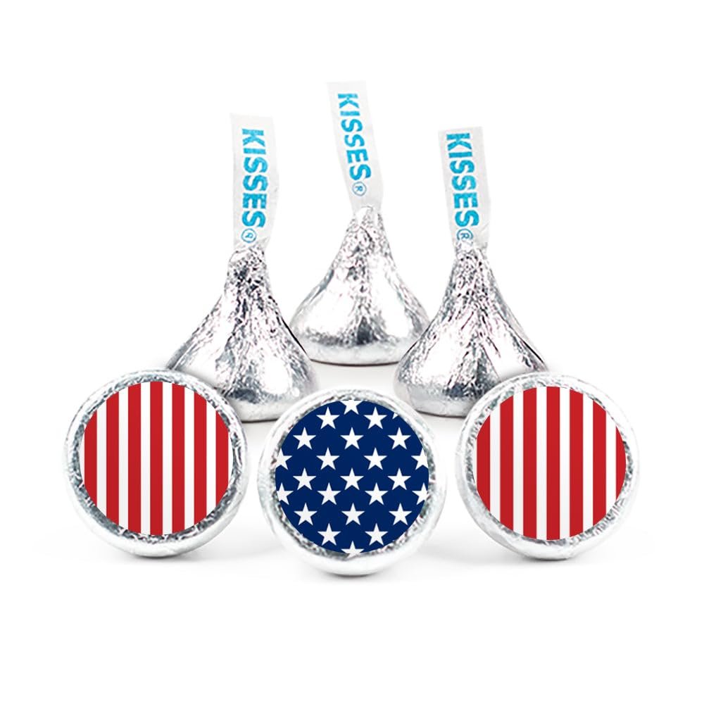 90 Pcs Patriotic Candy Kisses Chocolate and DIY Red White and Blue Flag Stickers, Bulk Chocolate - Assembly Required
