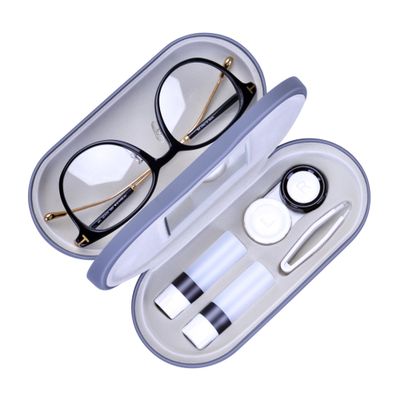Muf 2 in 1 Double Sided Portable Contact Lens Case and Eyeglasses Case,Dual Use Design with Built-in Mirror,Tweezer and Contact Lens Solution Bottle Included for Travel Kit,Grey