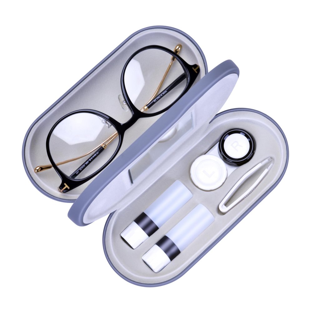 Muf 2 in 1 Double Sided Portable Contact Lens Case and Eyeglasses Case,Dual Use Design with Built-in Mirror,Tweezer and Contact Lens Solution Bottle Included for Travel Kit,Grey