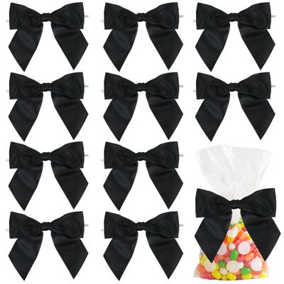 AIMUDI Black Satin Ribbon Twist Tie Bows for Treat Bags 4.5" Pre-Tied Black Bows for Christmas Tree Black Ribbon Bows for Crafts Premade Bows for Gift Wrapping Baby Shower Party Favors - 36 PCs