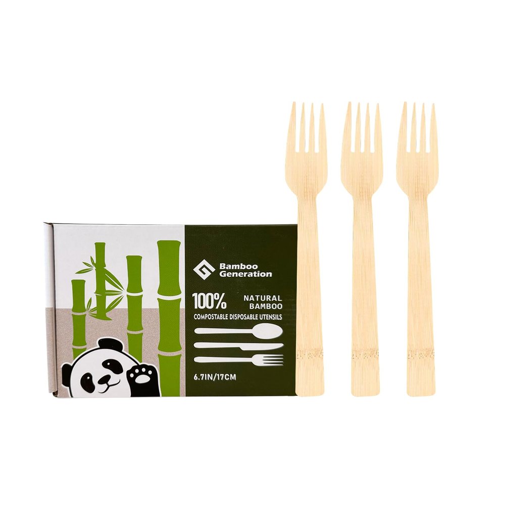 Bamboo G 100% Bamboo Forks - Disposable Utensils, Biodegradable, and Compostable, Reusable or Disposable Cutlery for Weddings, Camping, Picnics, Parties, Pack of 100-6.7"