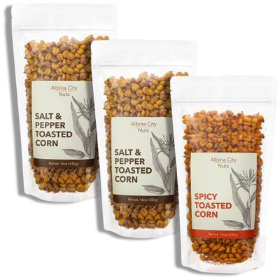 Albina City Nuts Variety Pack  Set of Two 1lb Bags of Salt & Pepper Toasted Corn & One 1lb Bag of Spicy Toasted Corn Made from Non-GMO Ingredients, Free of Artificial Flavors or Preservatives  3lbs