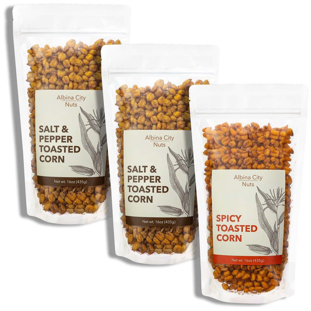 Albina City Nuts Variety Pack Set of Two 1lb Bags of Salt & Pepper Toasted Corn & One 1lb Bag of Spicy Toasted Corn Made from Non-GMO Ingredients, Free of Artificial Flavors or Preservatives 3lbs