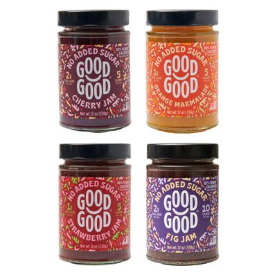 GOOD GOOD No Added Sugar Fruit Jam Variety Pack of 4 - Keto Friendly Jelly - Strawberry, Cherry, Fig and Orange Marmalade Jam - Low Carb, Low-Calorie and Vegan - 12oz / 330g Jars