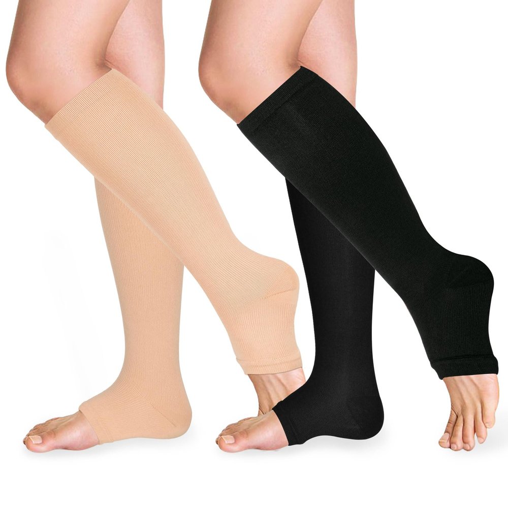 Open Toe Compression Socks 15-20 mmHg for Women and Men Knee High Toeless Circulation Compression Stockings(BN X/L)