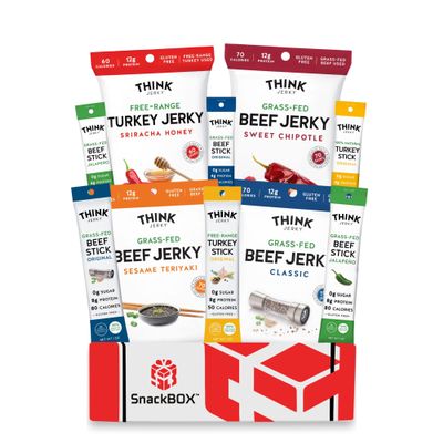 Think Jerky Grass Fed Beef Free Range Turkey Jalapeno Chipotle Sriracha Variety Pack | Snack BOX Care Package (10 Count) | Fathers Day Holiday, Birthday, Student, Teachers, Back to School, College Gift Baskets Military Gift Ideas