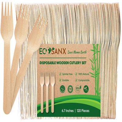 ECOSANX 120 PCs Wooden forks for eating 6.5" Splinter Free Compostable Forks, Eco-Friendly Wooden Cutlery set for Party & Outdoor, Disposable forks for Camping, Events & More
