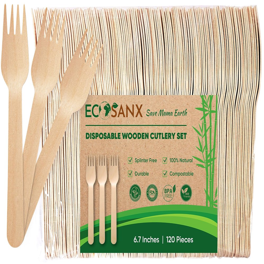 ECOSANX 120 PCs Wooden forks for eating 6.5" Splinter Free Compostable Forks, Eco-Friendly Wooden Cutlery set for Party & Outdoor, Disposable forks for Camping, Events & More