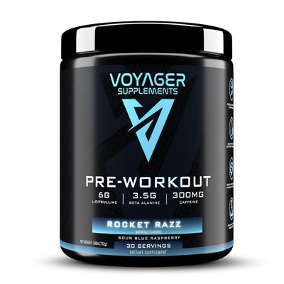 Voyager Pre-Workout Rocket Razz  Creatine-Free Powder w/L-Citrulline, Beta-Alanine, Caffeine  Supports Energy, Endurance & Focus  30 Servings  No Artificial Fillers  GMP Certified