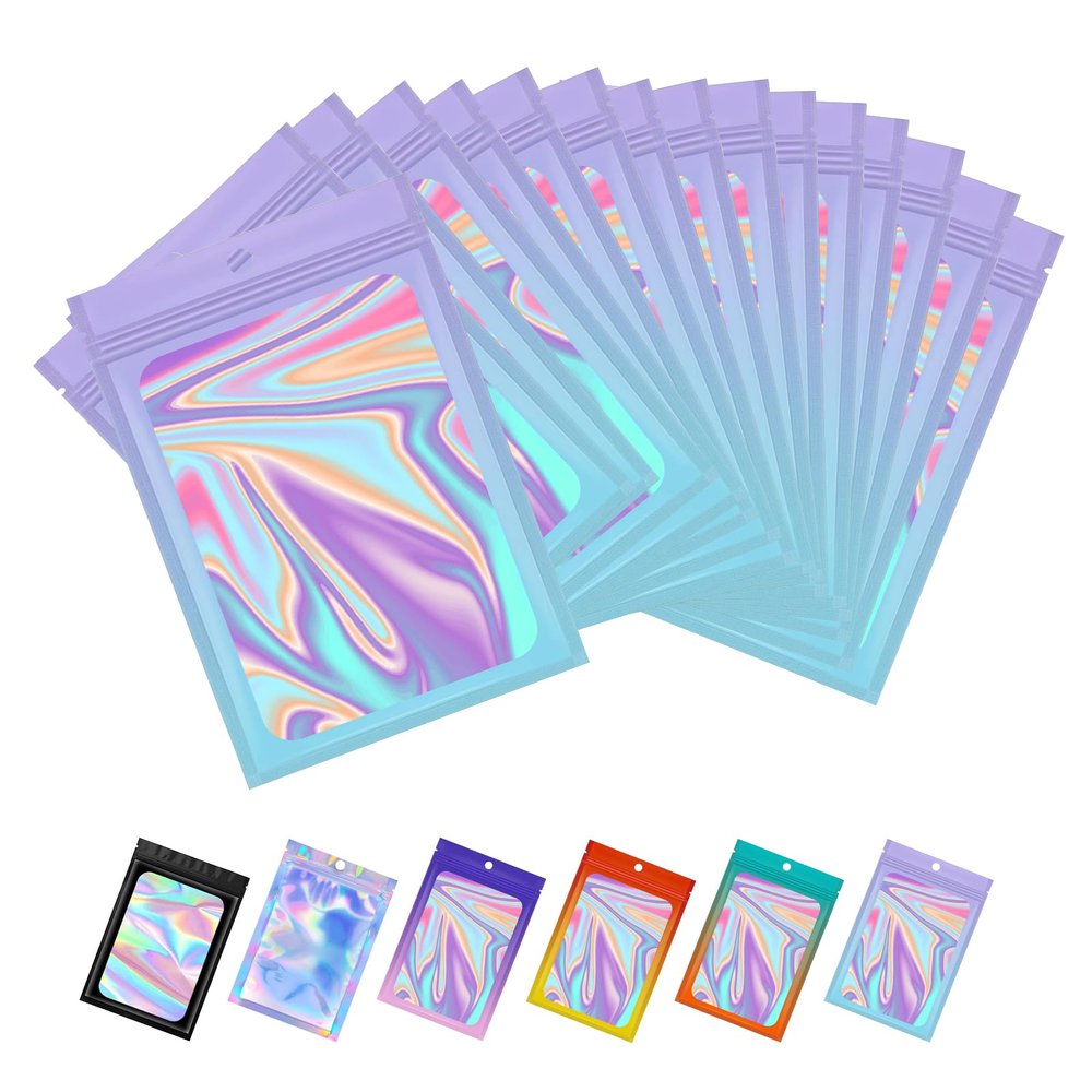 COQOFA 200 Pcs Smell Proof Resealable Mylar Bags, Holographic Bags Packaging Bags with Clear Window, Food Storage Foil Pouch Sample Bags for Eyelash, Lip Gloss, Gift 3X4.7 IN Pink&Light Blue