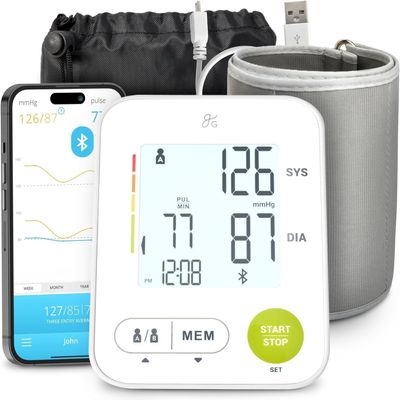 Greater Goods Bluetooth Blood Pressure Monitor for Home Use, Upper Arm BP Machine with Wide Range Cuff, Accurate Digital Readings, Balance Health App, Compatible with iOS and Android Devices