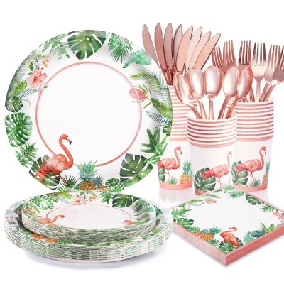 175Pcs Hawaiian Luau Party Decoration, Luau Plates and Napkins Party Supplies, Flamingo Disposable Paper Plates, Tropical Plates for Beach Theme Decoration, Serves 24 Guests