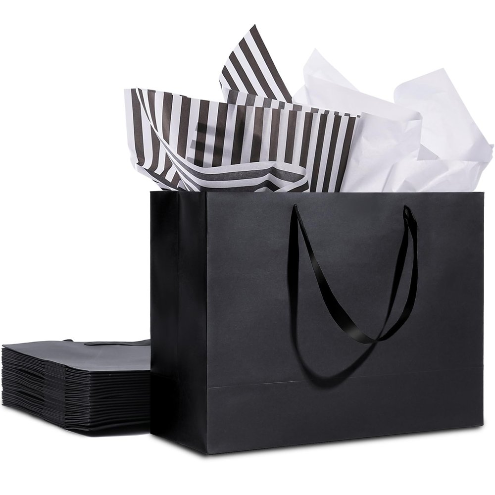 15.7" Extra Large Black Gift Bags for Presents with Tissue Paper & Ribbon Handles for Shopping, Small Business, Birthday Party, Baby Shower, Bridal Party, Wedding, Christmas and Holiday (12 Packs)