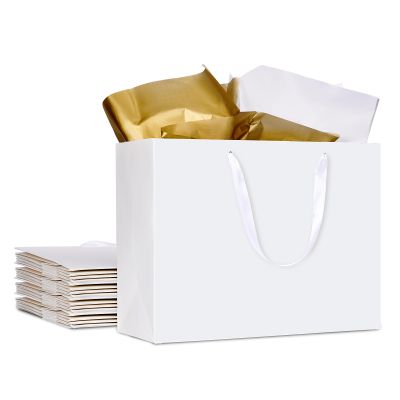 15.7" Extra Large White Gift Bags for Presents with Tissue Paper & Ribbon Handles for Shopping, Small Business, Birthday Party, Baby Shower, Bridal Party, Wedding, Christmas and Holiday (12 Packs)