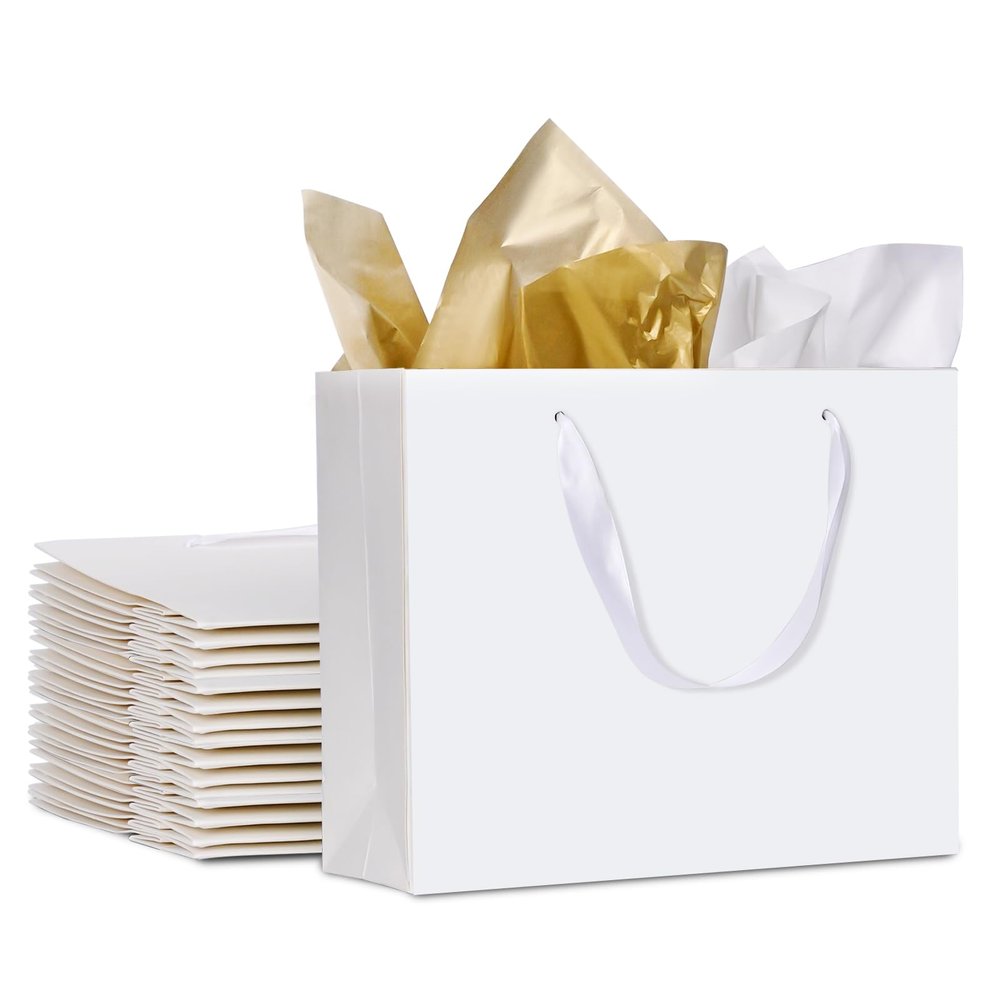 12 Pack Medium Size Gift Bags with Ribbon Handles & Tissue bags, White Gift Bags for Shopping, Small Business, Bridal Party, Wedding, Baby Shower, Bridal Party, Christmas and Holiday (10.6 x3.5 x8.3)