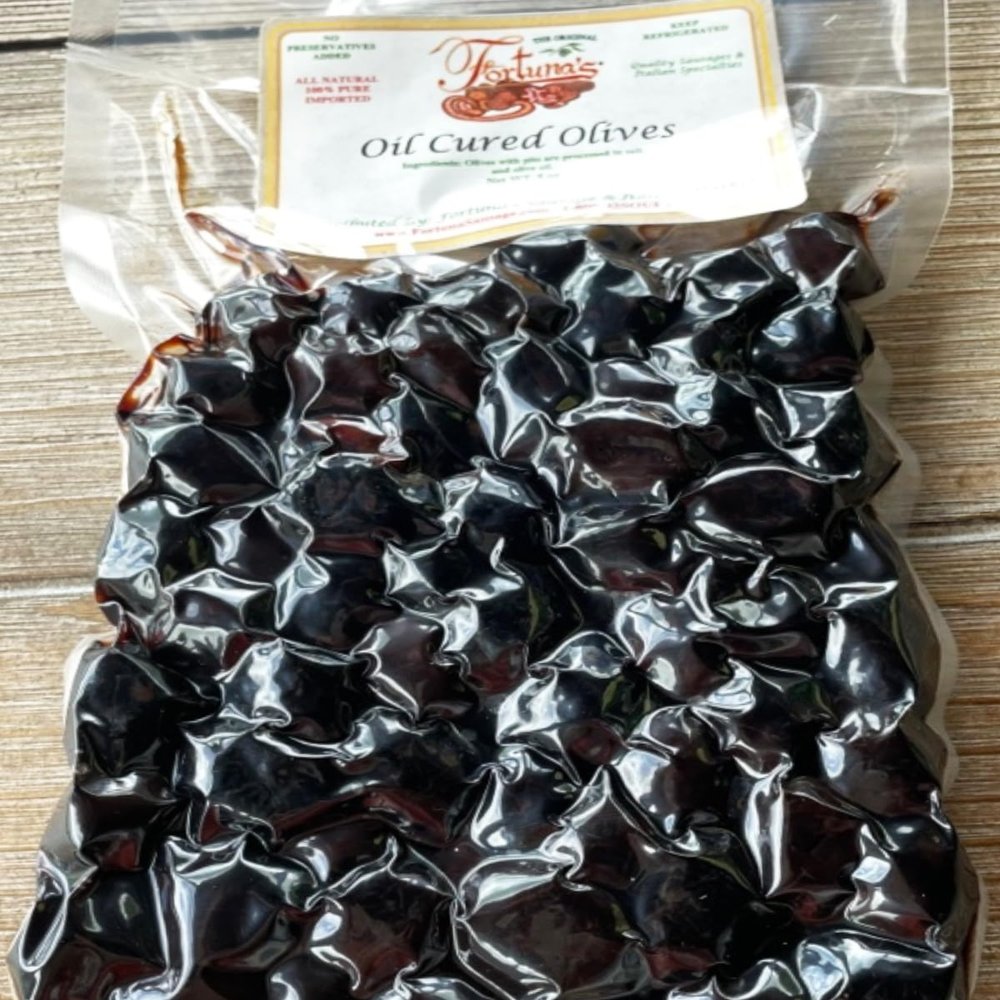 Fortuna's Imported Oil Cured Olives from Italy - Slowly Dried & Cured Italian Black Olives - 8 oz Bag with Pits - Wrinkled, Bitter & Delicious - Perfect for Mediterranean Recipes