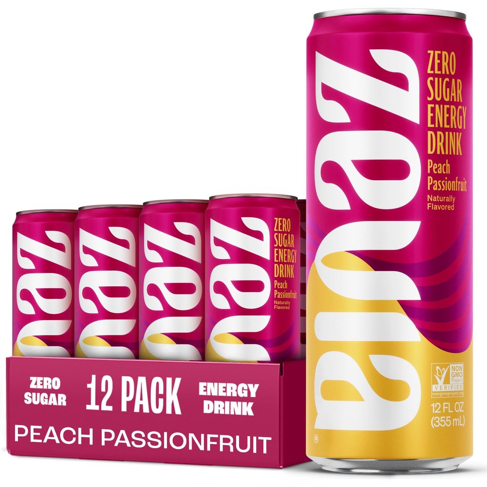 Zevia Zero Sugar Energy Drink, Peach Passionfruit, 12 oz Cans (12-Pack) Naturally Sweetened, Non-GMO Project Verified, Gluten-Free, Vegan