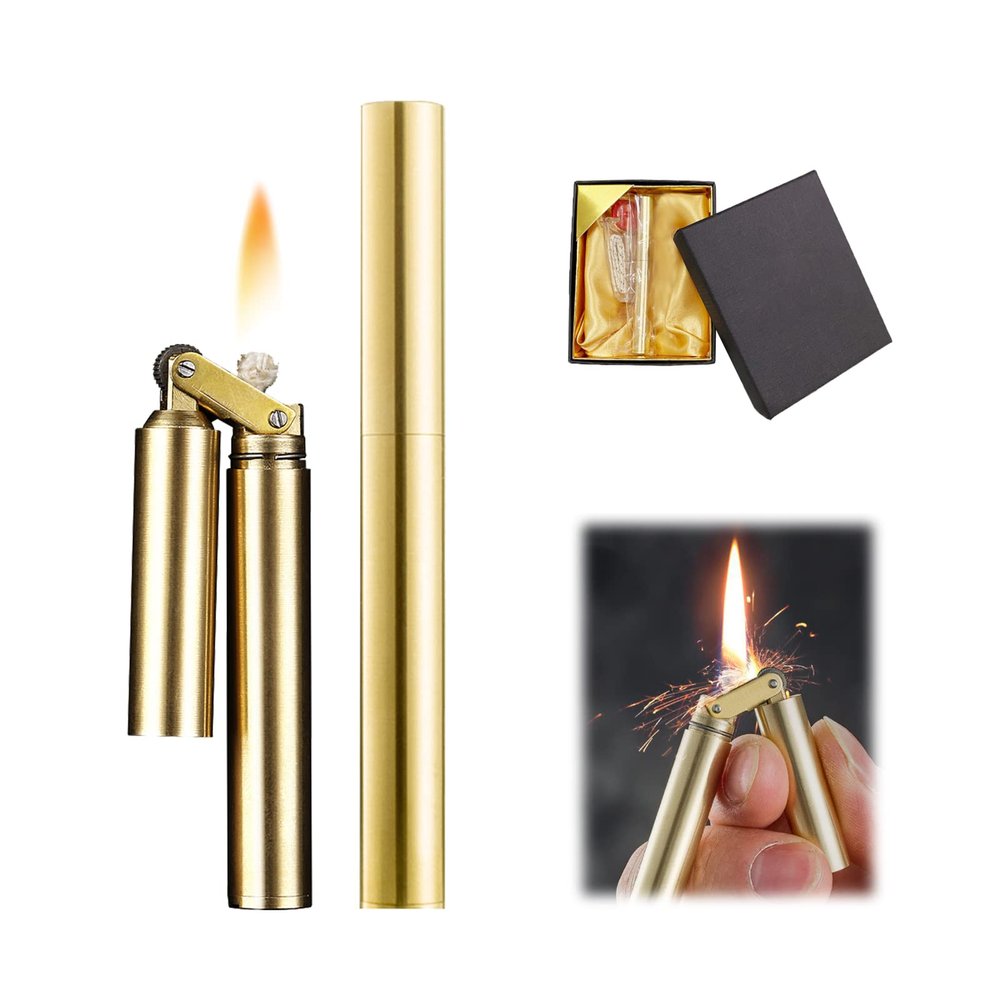 Amposei Kerosene Copper Lighter, Vintage Trench Creative Windproof Brass Cool Wheel Kerosene Oil Lighter for Camping BBQ Kitchen, Gifts Men Father (Gold)