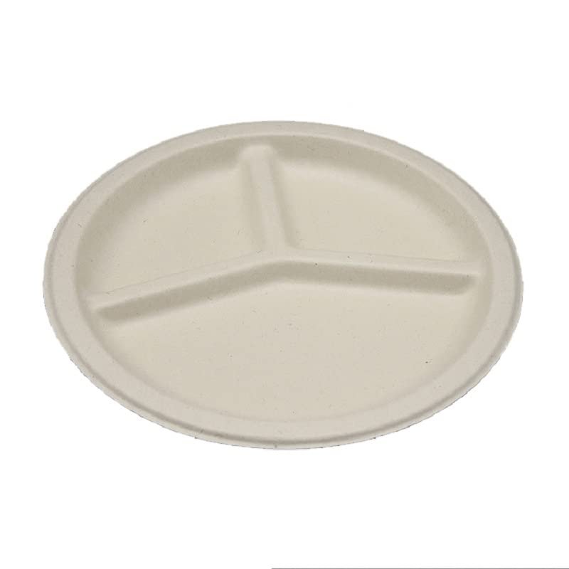125-Pack Compostable 10 Inch 3 Compartment Eco-Friendly Disposable Paper Plate Sugarcane/Bagasse Plates Natural