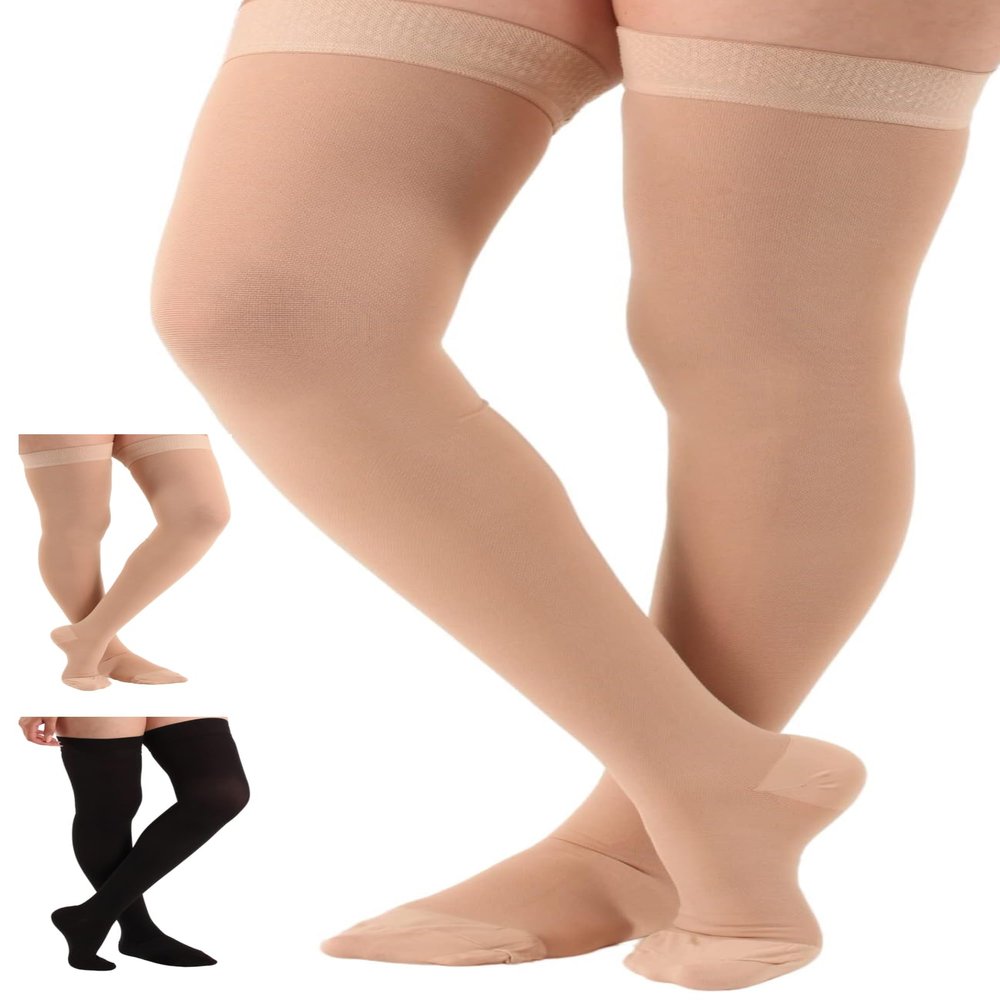 ABSOLUTE SUPPORT Extra Wide Graduated Compression Support Thigh High Stockings for Women and Men 20-30mmHg | For Varicose Veins, Diabetic, Post Surgery - Beige, 6X-Large, A203BE9