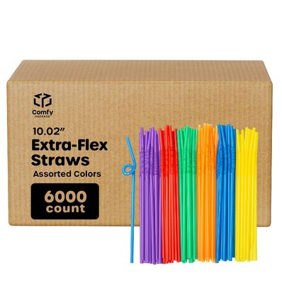 Comfy Package [Case of 6,000] 10.02"High Long Flexible Straws, Disposable Plastic Drinking Straws - Assorted Colors