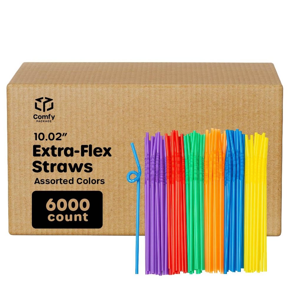 Comfy Package [Case of 6,000] 10.02"High Long Flexible Straws, Disposable Plastic Drinking Straws - Assorted Colors