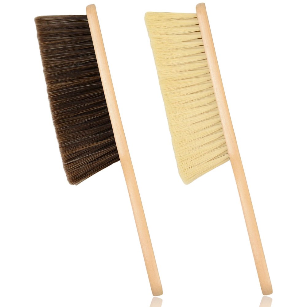 2 Pieces Woooden Dust Brush Hand Broom Bench Brush with Long Wood Handle Whisk Broom Soft Bristle Brush for Counter Bed Sofa Car Fireplace Clothes Household Cleaning(Brown, Khaki)