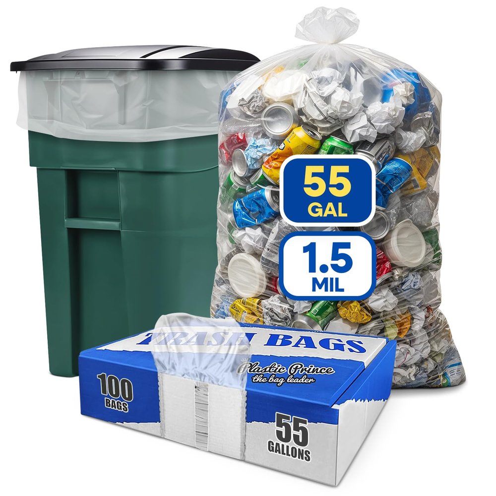 PLASTIC PRINCE 55-60 Gallon Trash Bags 1.5 Mil Fits Rubbermaid Brute Round and Square 32-55 Gallon Rollout Containers 43x47 Trash Can Liners Clear Garbage Bags 55 Gallon, Pack of 100