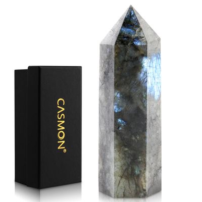 CASMON Large Healing Crystal Wands 3.9"-4.3"(10-11cm), Natural Labradorite Obelisk Crystal Tower Stone, 6 Faceted Single Healing Crystal Point for Reiki Chakra Meditation Therapy (1PC)