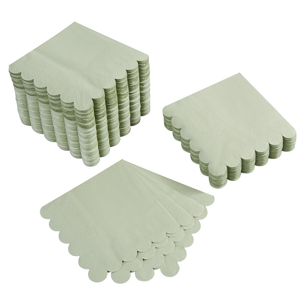 200 Pack Cocktail Napkin 2-Ply Scalloped Edged Dessert Napkins Folded 5 x 5 Inches Disposable Napkins for Dinner Wedding Birthday Party Bridal Anniversary Reception Event (Sage Green)