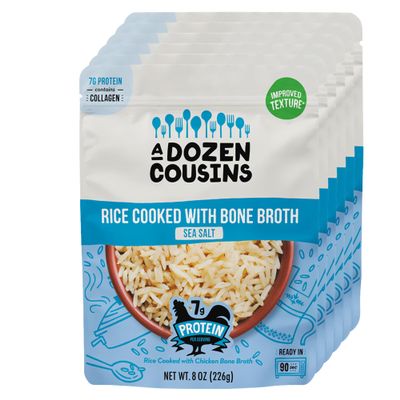 A Dozen Cousins Sea Salt Bone Broth Rice 6pk, Ready to Eat Seasoned High Protein Rice, Clean Ingredients, Easy Side Dish or Meal Base, Heat & Serve, Halal, Chicken Bone Broth, Gluten Free, 8oz Packets
