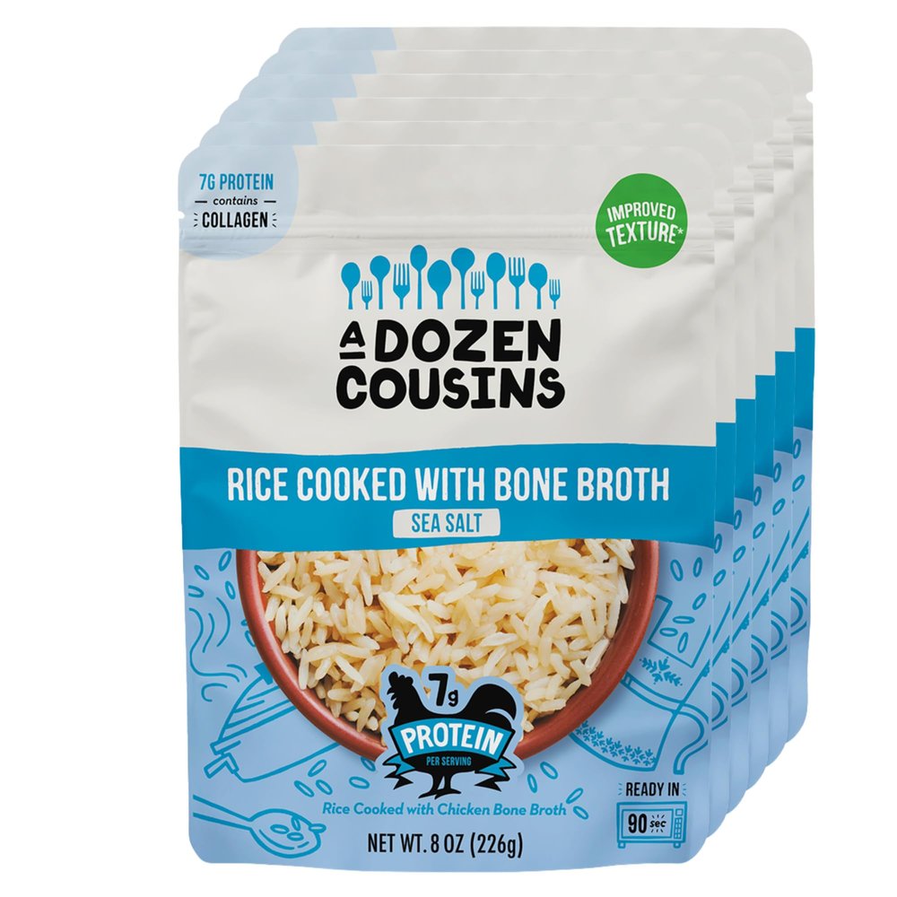 A Dozen Cousins Sea Salt Bone Broth Rice 6pk, Ready to Eat Seasoned High Protein Rice, Clean Ingredients, Easy Side Dish or Meal Base, Heat & Serve, Halal, Chicken Bone Broth, Gluten Free, 8oz Packets