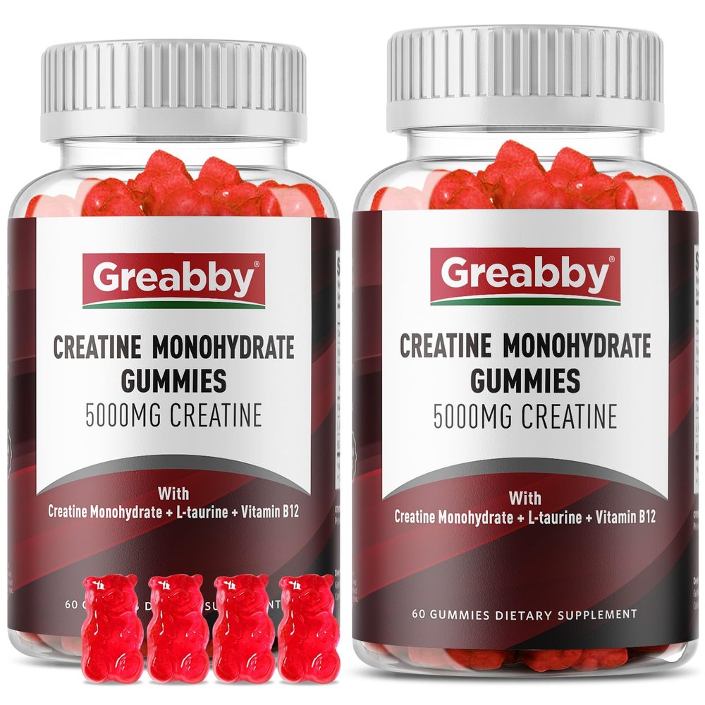 GREABBY Creatine Monohydrate Gummies - 5g Creatine Monohydrate with L-Taurine, B12, Mixed Berry Flavor, 120 Count