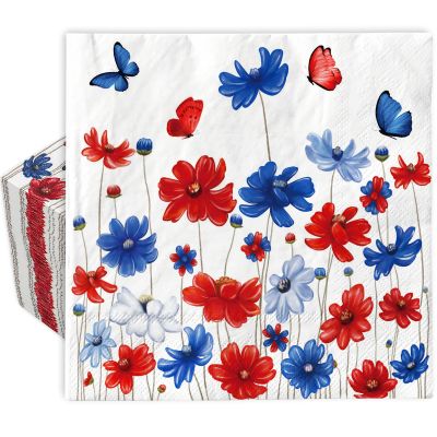 AnyDesign 80Pcs Patriotic Paper Napkins Red Blue Floral Disposable Napkins 4th of July Flower Butterfly Dessert Dinner Hand Napkin for Independence Day Memorial Day Supplies, 6.5 x 6.5 Inch