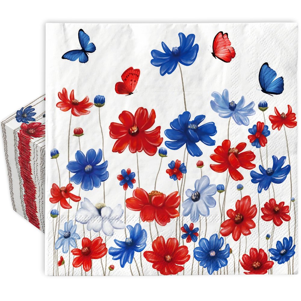 AnyDesign 80Pcs Patriotic Paper Napkins Red Blue Floral Disposable Napkins 4th of July Flower Butterfly Dessert Dinner Hand Napkin for Independence Day Memorial Day Supplies, 6.5 x 6.5 Inch
