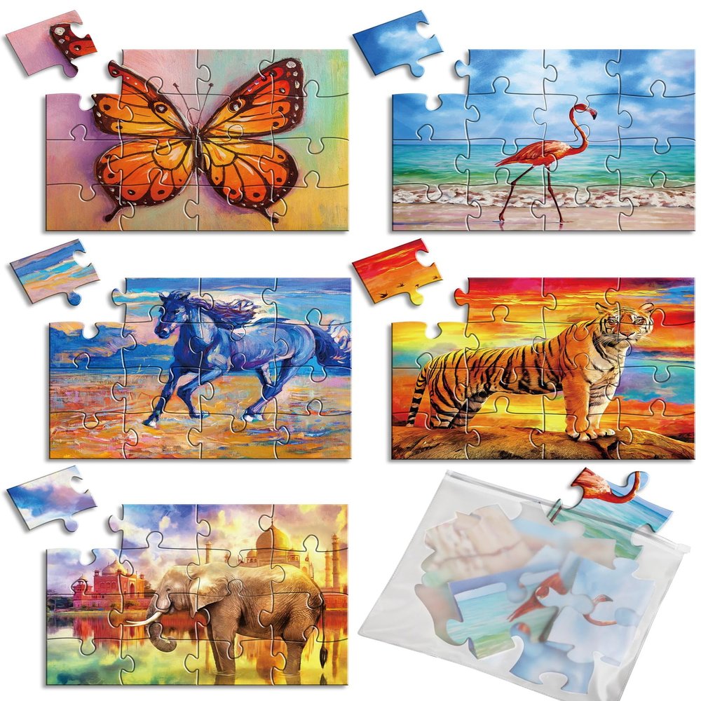 5 Packs 16 Piece Large Jigsaw Puzzles for Dementia Alzheimers Products Activities, Alzheimers Puzzles Memory Cognitive Games for Elderly Seniors with 5 Storage Bags, Gift for Elderly Adults, Animal