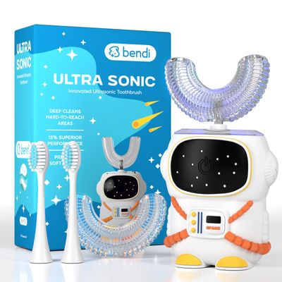 Sensory 360 Round U-Shaped Astronaut Design Mouthguard Electric Toothbrush for Kids Ages 2-7 - Automatic Memory Function - 5 Modes Toothbrush with Multiple Heads  Kids Travel Essentials (White)