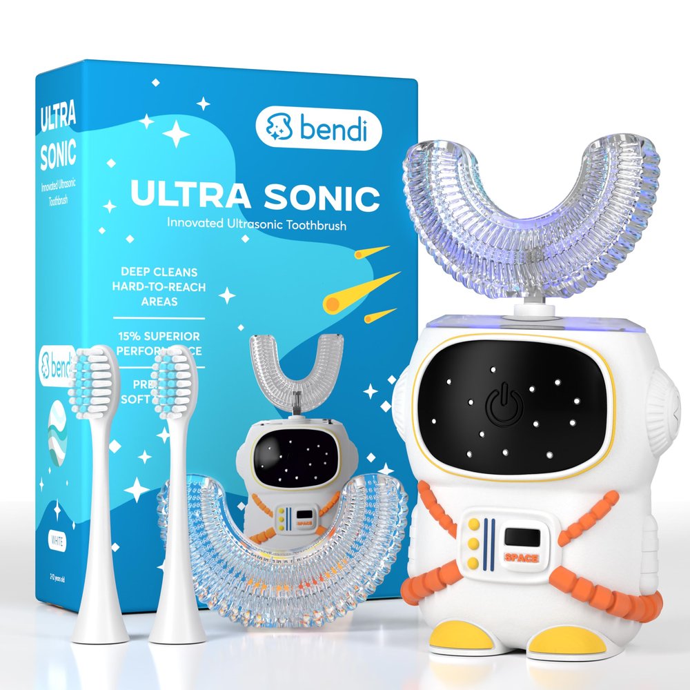 Sensory 360 Round U-Shaped Astronaut Design Mouthguard Electric Toothbrush for Kids Ages 2-7 - Automatic Memory Function - 5 Modes Toothbrush with Multiple Heads Kids Travel Essentials (White)