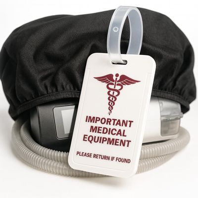 CPAP Protector Dust Cover with Medical Luggage Tag  Full CPAP Machine Cover for Device, Hose & Mask, Protective Stretch Snug Base for Continuous Positive Airway Pressure Units (Travel Tag)