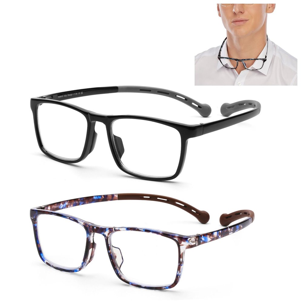 AQWANO 2 Pack Sports Style Reading Glasses for Women Men, Neck Hanging Computer Blue Light Block Comfortable and Flexible Readers Anti Glare, 1.25