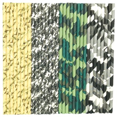 100 pcs Mixed Themed Party Paper Straws, Decorative Green Grey Yellow Camouflage Camo Military Picnic BBQ Hunter Juice Coffee Bar Drinking Straws, Safari Wedding Cake Pop Sticks (Hunting Camo)