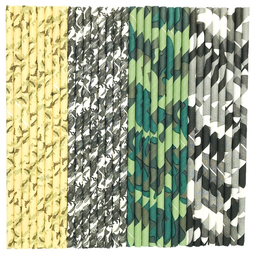 100 pcs Mixed Themed Party Paper Straws, Decorative Green Grey Yellow Camouflage Camo Military Picnic BBQ Hunter Juice Coffee Bar Drinking Straws, Safari Wedding Cake Pop Sticks (Hunting Camo)